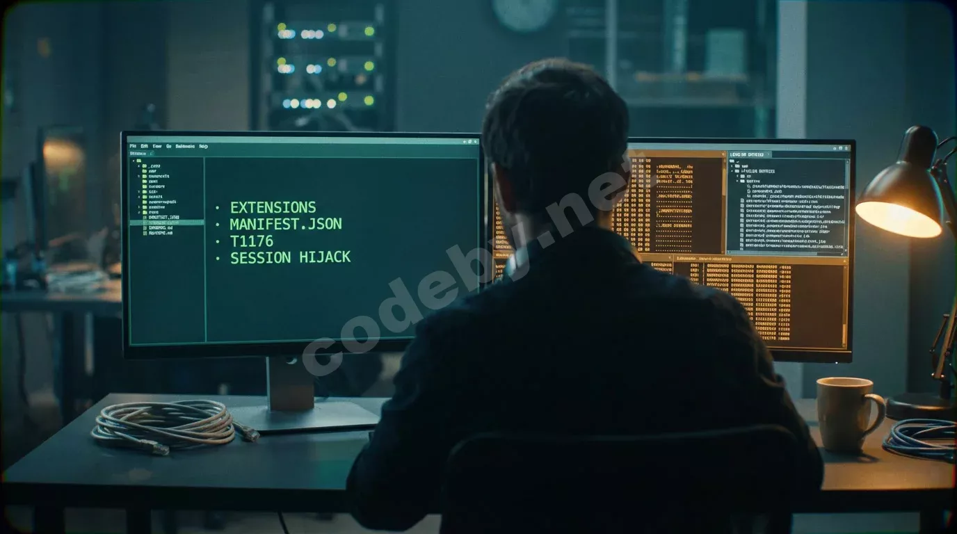 Следователь за тёмной рабочей станцией с двумя мониторами в сине-зелёном свечении. На экранах — дерево директорий расширений Chrome и дамп памяти LevelDB.