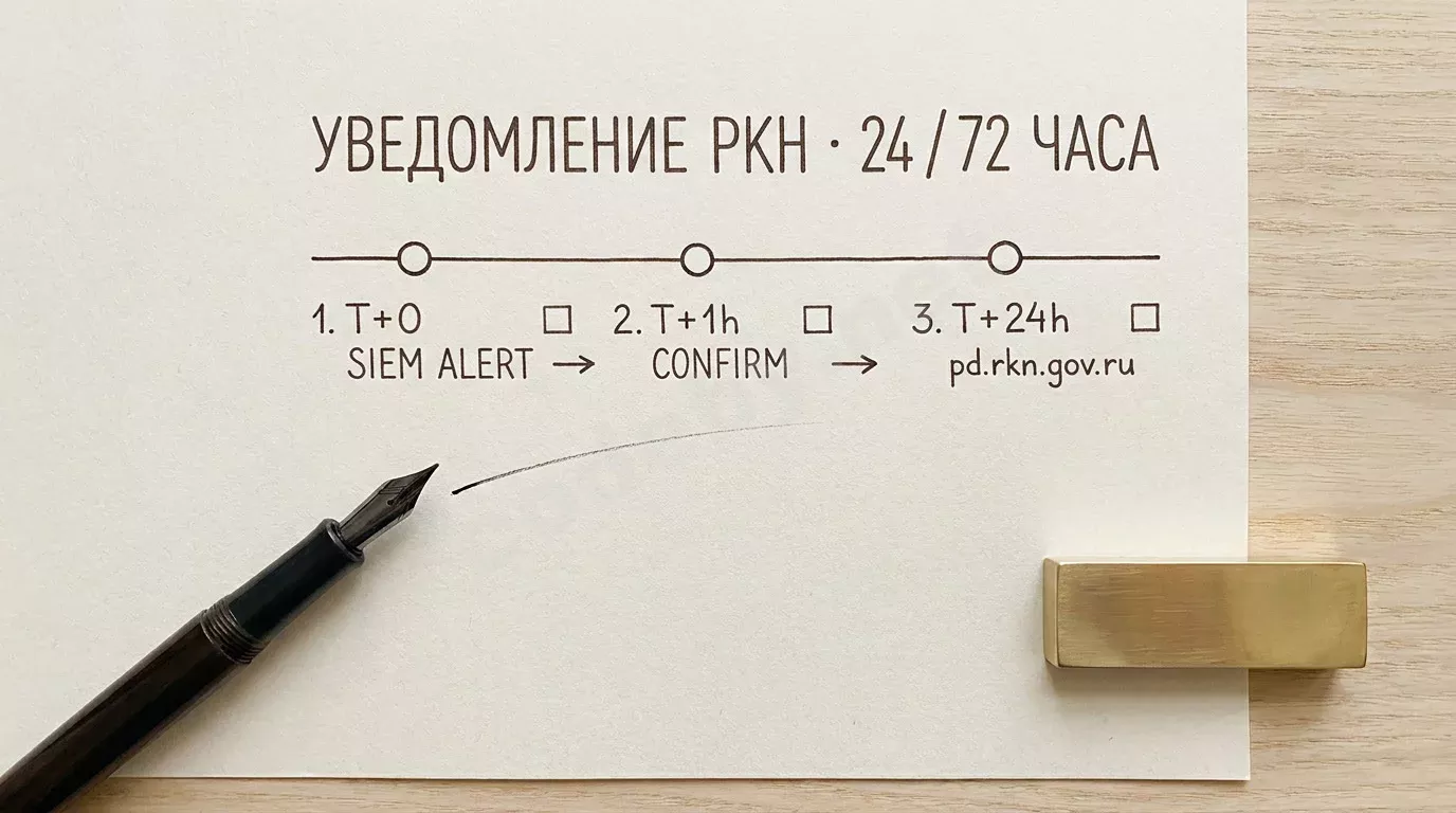 Распечатанный чек-лист реагирования на инциденты лежит на светлом столе: заголовок «Уведомление РКН · 24/72 часа», таймлайн с отметками времени и пустые чекбоксы, рядом латунное пресс-папье и перье...
