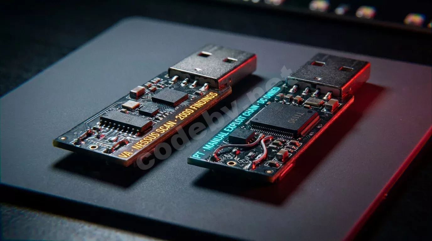 Два USB-модуля крупным планом на тёмной антистатической подложке: левый с янтарной гравировкой сканирования уязвимостей, правый с бирюзовой пометкой ручной эксплуатации. Резкий красный луч света по...