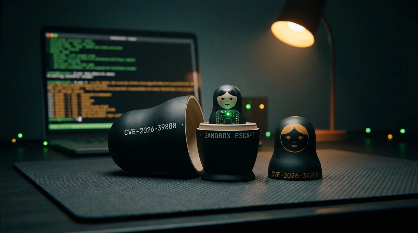 Матрёшки на тёмном антистатическом коврике: внешняя с гравировкой CVE-2026-39888, внутренняя с платой и зелёным светодиодом. Янтарный свет лампы, боке, глубокие тени.