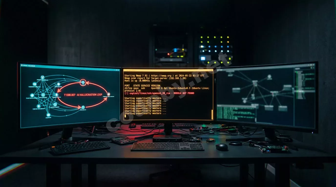 Тёмная лаборатория red-team с тремя изогнутыми мониторами: в центре терминал с логом Nmap и ошибочным выводом ИИ-агента о несуществующем эксплойте, слева граф атаки с зацикленной красной стрелкой,...