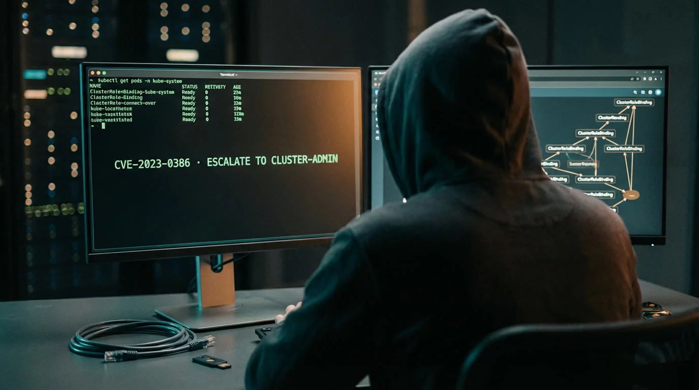 Исследователь безопасности за тёмной рабочей станцией с двумя мониторами: на одном — зелёный терминал kubectl, на другом — граф RBAC с восходящими стрелками. Бирюзовый свет экранов падает на худи и...