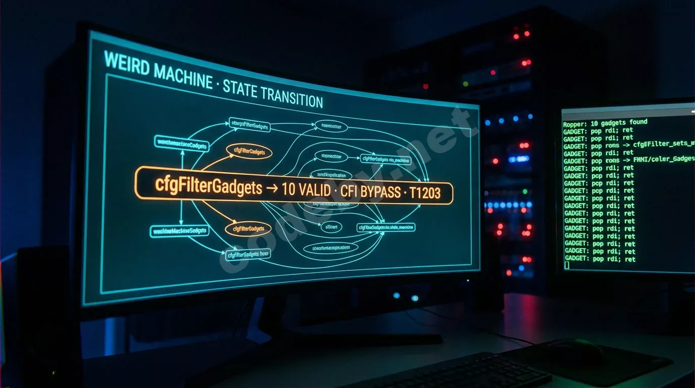 Тёмная лаборатория red-team: изогнутый монитор с диаграммой состояний weird machine и подсвеченной цепочкой ROP-гаджетов, обходящей CFI, рядом экран с выводом Ropper.
