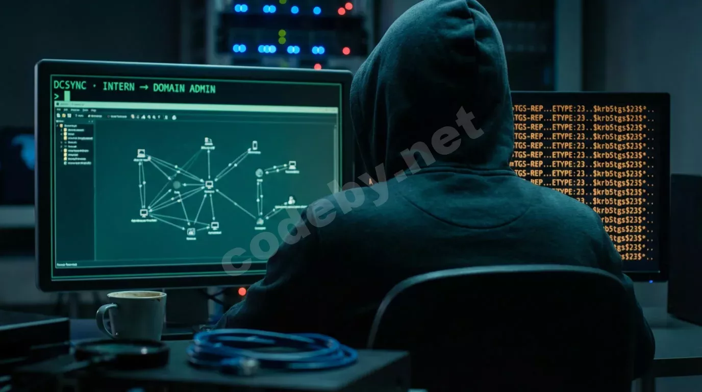 Исследователь безопасности за двумя мониторами в тёмной комнате: на экранах граф атак BloodHound и вывод хешей Kerberoasting. Бирюзовое свечение экранов освещает худи и стол.