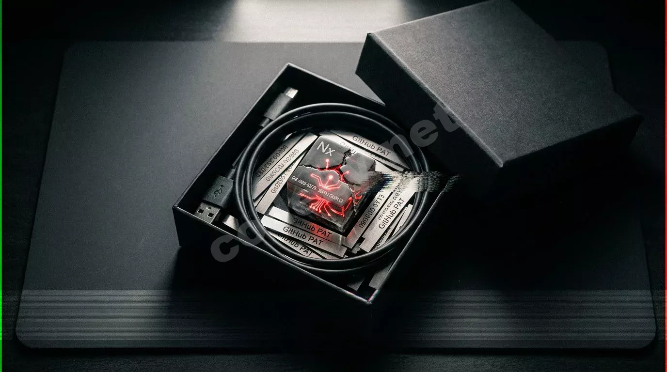 Матовая чёрная коробка с откинутой крышкой: внутри свёрнутый USB-кабель ведёт к треснувшему кубу с надписью «Nx» — сквозь трещину видна плата и лазерная гравировка «CVE-2025-53773», рядом металличе...