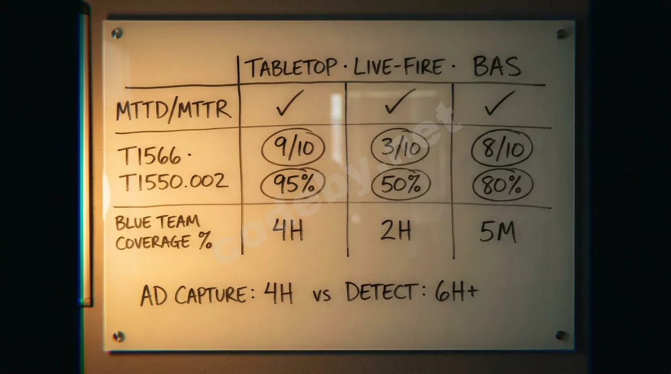 Стеклянная доска с рукописной матрицей сравнения киберучений: колонки Tabletop, Live-Fire, BAS, строки с метриками MTTD/MTTR и покрытием Blue Team, тёплый свет настольной лампы.