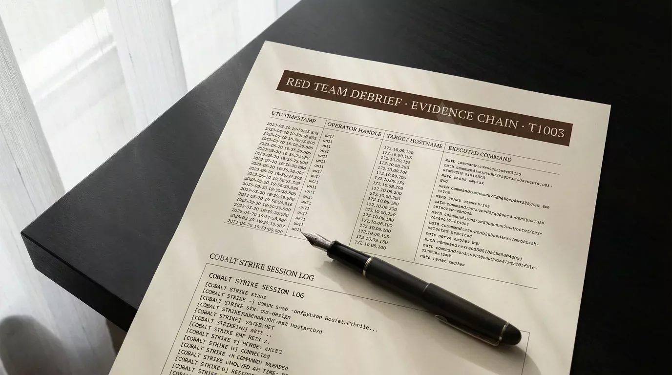 Печатный отчёт по red team операции на тёмном столе: таблица с меткой времени, именем оператора и выполненными командами, рядом лежит перьевая ручка. Мягкий дневной свет из окна подчёркивает фактур...