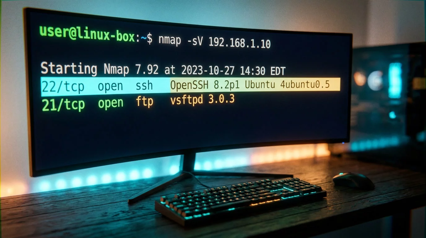 Терминал с выводом nmap: открытые порты SSH (22) и FTP (21) с версиями сервисов на виртуальном сервере