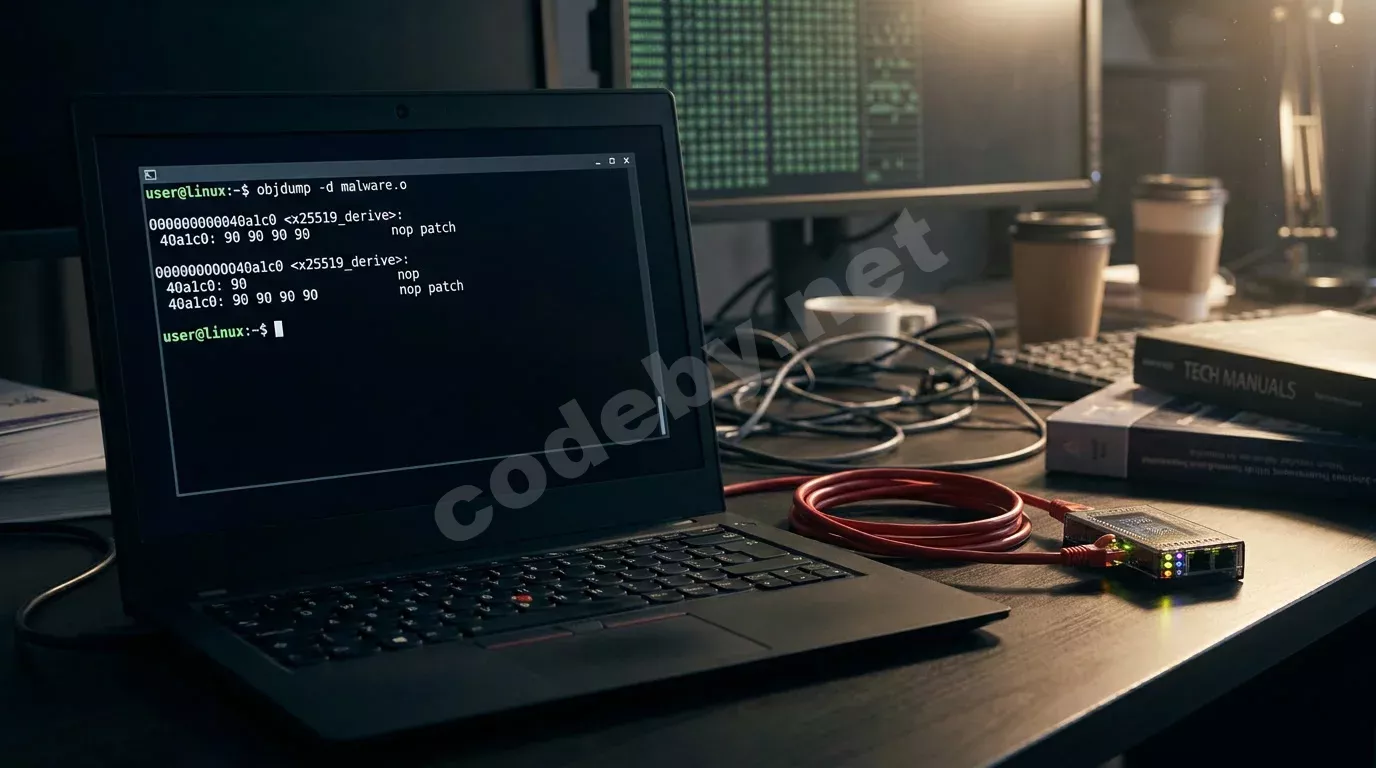 Обложка: реверс C2-протокола 2137GANG RedTail - терминал с дизассемблированием x25519 и nop-патчем, красный сетевой кабель со сниффером перехваченного трафика