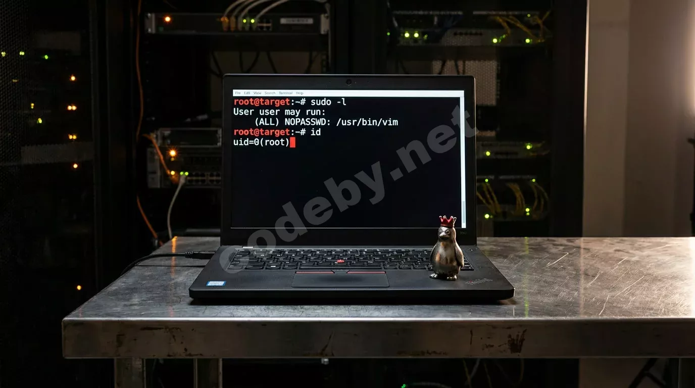 Обложка: эскалация привилегий Linux - тёмная серверная, терминал с выводом sudo -l NOPASSWD /usr/bin/vim и id uid=0(root), рядом пингвин Tux в красной короне