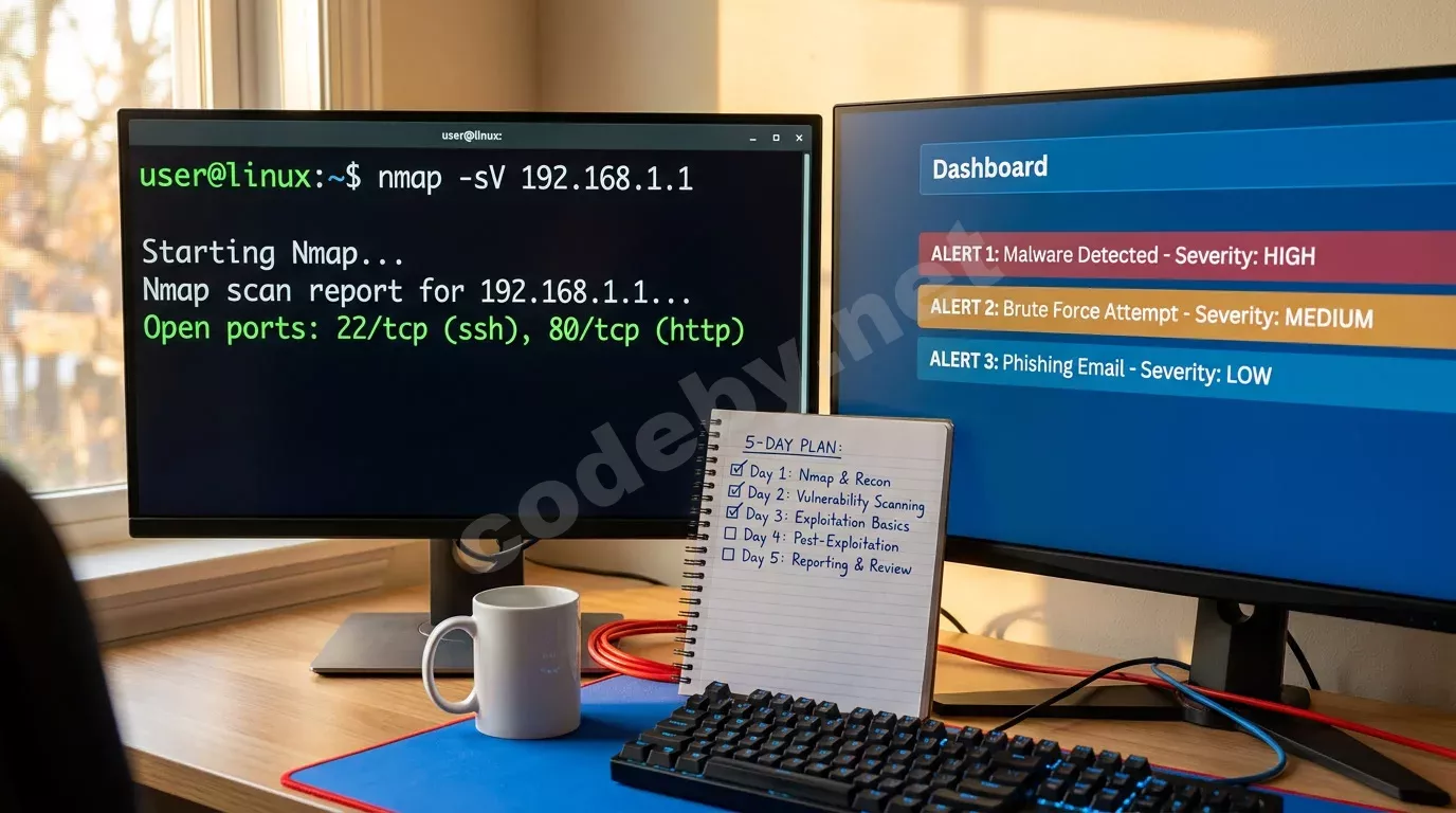 Обложка: рабочее место с двумя мониторами — терминал с nmap и синий дашборд с алертами, рядом блокнот с планом на 5 дней