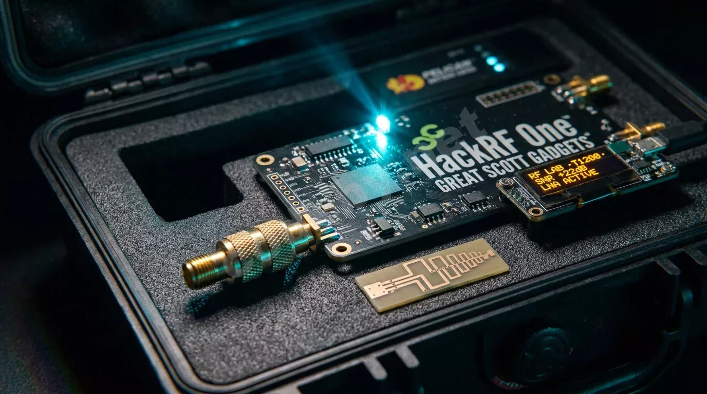 Макросъёмка платы HackRF One с латунным LNA-модулем на разъёме SMA, рядом штыревая логопериодическая антенна в раскрытом кейсе Pelican. OLED-дисплей на плате питания светится янтарным: SNR +22dB, L...