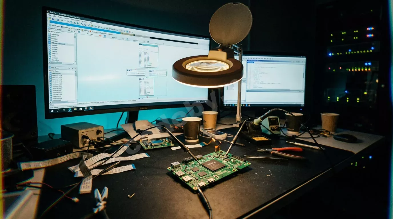 Ночная лаборатория реверс-инжиниринга: печатная плата IoT-камеры под лампой-лупой, на фоне два монитора с графом декомпилятора IDA Pro и окном Ghidra, тёплый и голубой свет среди проводов.