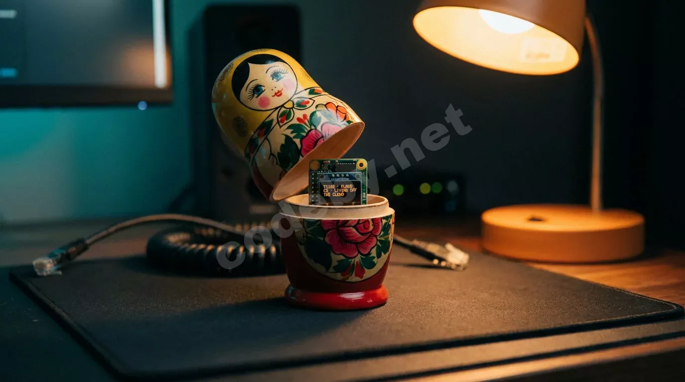 Матрёшка на тёмном антистатическом коврике с поднятой крышкой, внутри которой спрятан миниатюрный одноплатный компьютер с янтарным текстом на экране.