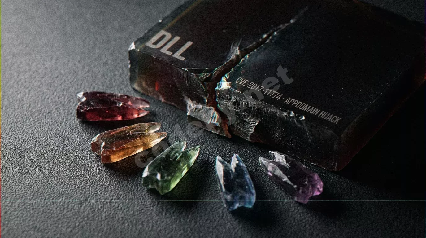 Расколотая надвое DLL-сборка из тёмной смолы на антистатическом коврике, из трещины веером расходятся шесть полупрозрачных осколков разных оттенков в форме змеиных клыков. На поверхности излома лаз...