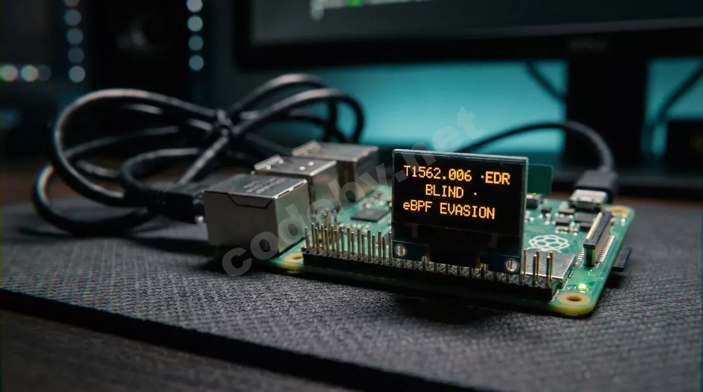 Одноплатный компьютер с открытыми контактами на тёмном антистатическом коврике, маленький OLED-экран светится янтарным текстом. Сзади монитор отбрасывает сине-зелёный свет на золотистые дорожки платы.