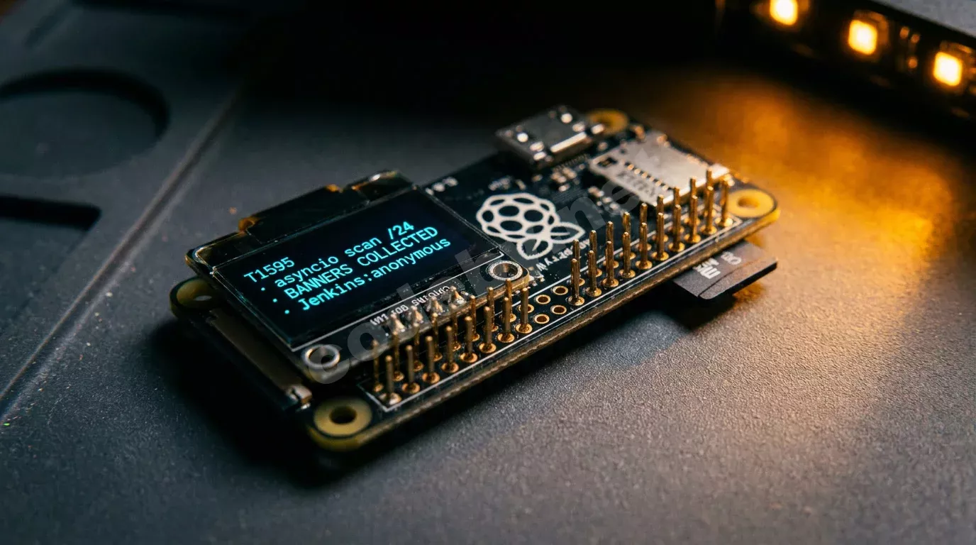 Макросъёмка одноплатного компьютера Raspberry Pi Zero W на тёмном антистатическом коврике: миниатюрный OLED-экран на GPIO выводит цифровые команды сканирования сети и захваченные баннеры служб. Рез...