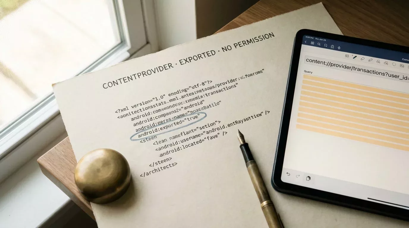 Распечатанный фрагмент AndroidManifest.xml на бумаге с обведённой строкой экспортируемого компонента. Рядом планшет с запросом к провайдеру контента, латунное пресс-папье и перьевая ручка.