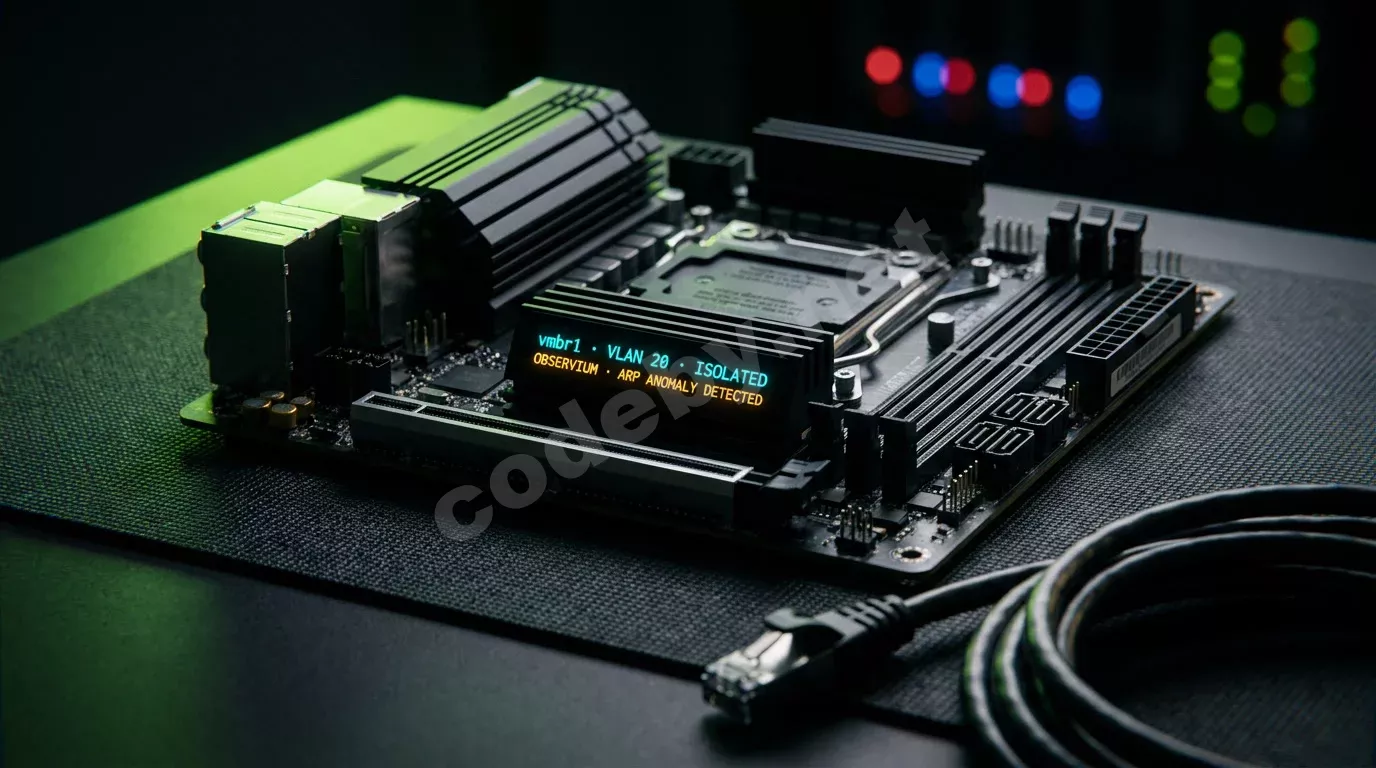 Компактная серверная плата mini-ITX на антистатическом коврике, OLED-дисплей показывает статус VLAN-изоляции и предупреждение Observium об аномалии ARP. Резкий зелёный свет выделяет радиатор и слот...