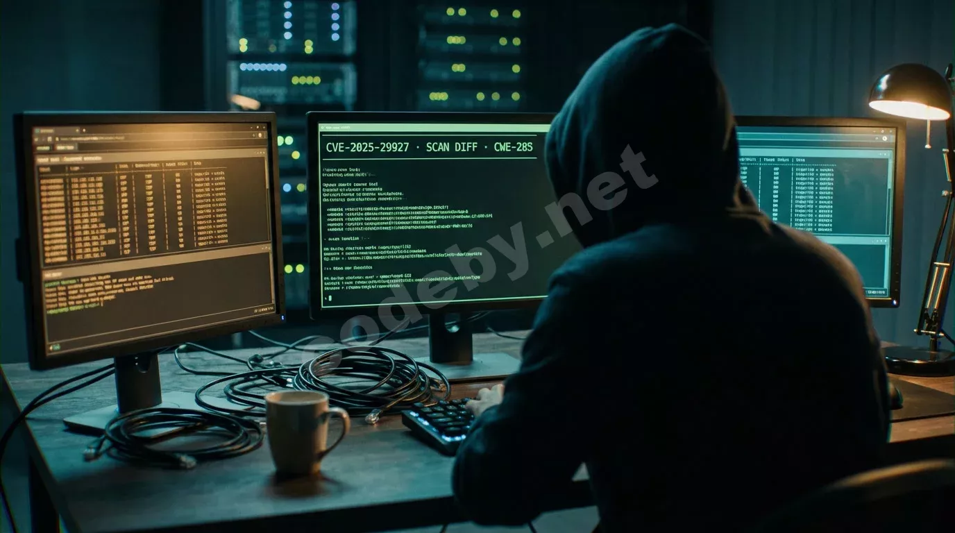 Исследователь за тёмным столом смотрит на три монитора с результатами сканирования уязвимостей. Холодный свет экранов освещает плечи, рядом кофе и клавиатура.