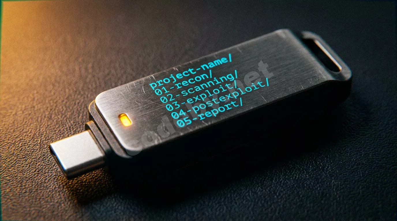 Макросъёмка защищённого USB-накопителя на тёмном антистатическом коврике: на корпусе лазерной гравировкой нанесено дерево папок пентеста на этапах разведки, сканирования и эксплуатации. Янтарный ин...