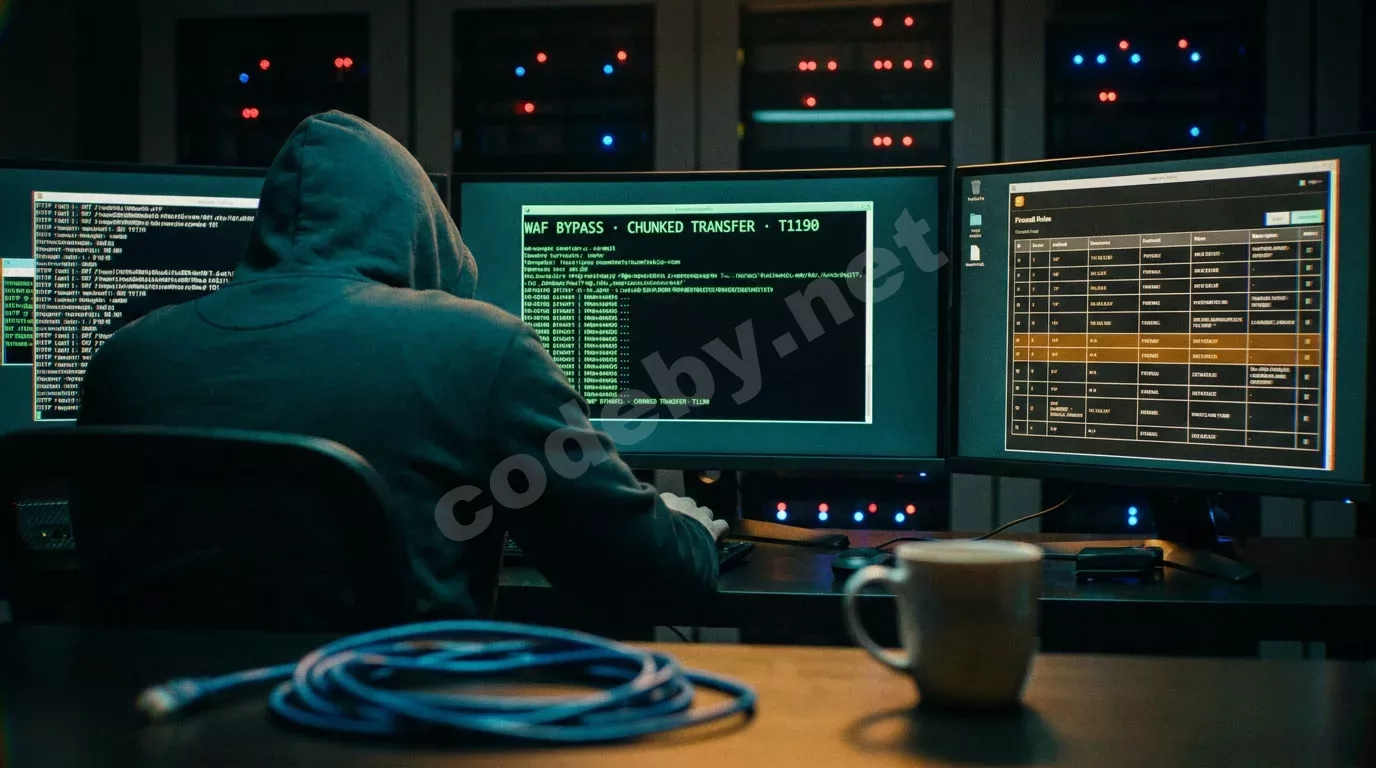 Исследователь безопасности сидит спиной к камере перед тремя мониторами в тёмной лаборатории. Экраны отображают терминал с зелёным текстом, фрагменты HTTP-запросов и матрицу правил файрвола с ошибк...