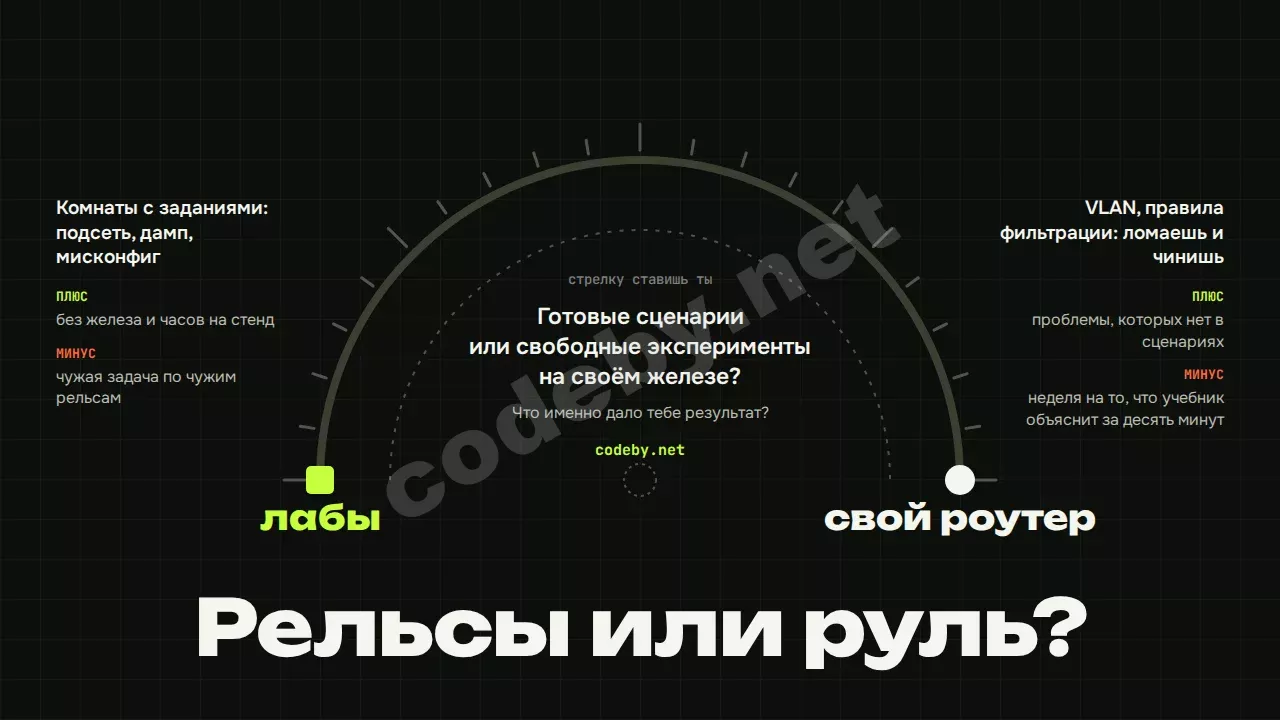 Рельсы или руль? Шкала от лаб с готовыми сценариями до своего роутера, а стрелку ставишь ты