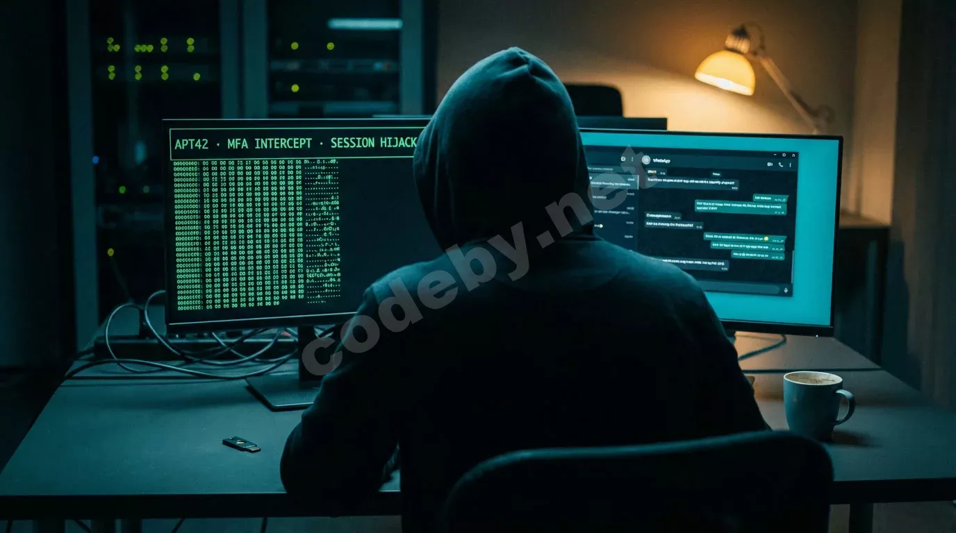 Исследователь безопасности за тёмной рабочей станцией с двумя мониторами. Экраны отбрасывают холодный синий свет на неиспользуемый ключ YubiKey и кружку с остывшим кофе.