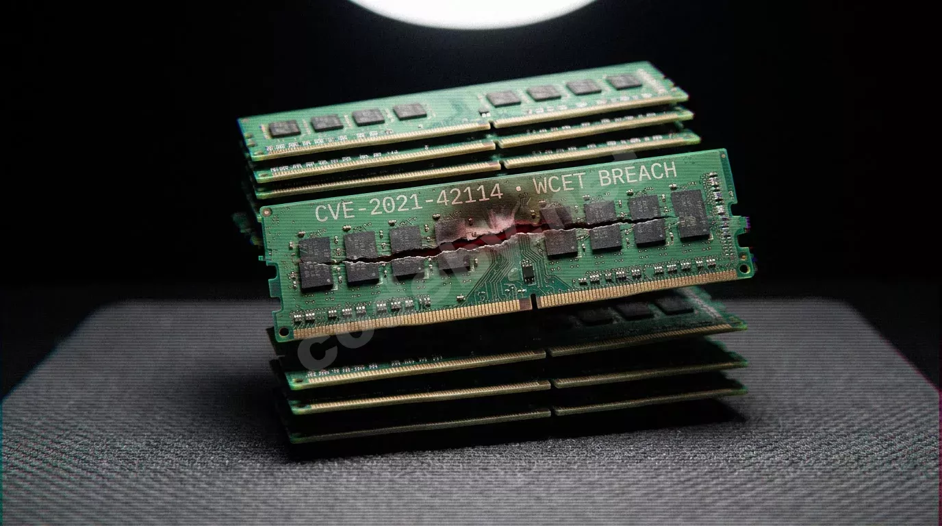 Башня из шести модулей DRAM, сложенных как блоки дженги на антистатическом коврике: центральный модуль треснул по линии чипов, обнажив обугленные конденсаторы, вся конструкция рушится. На плате выж...
