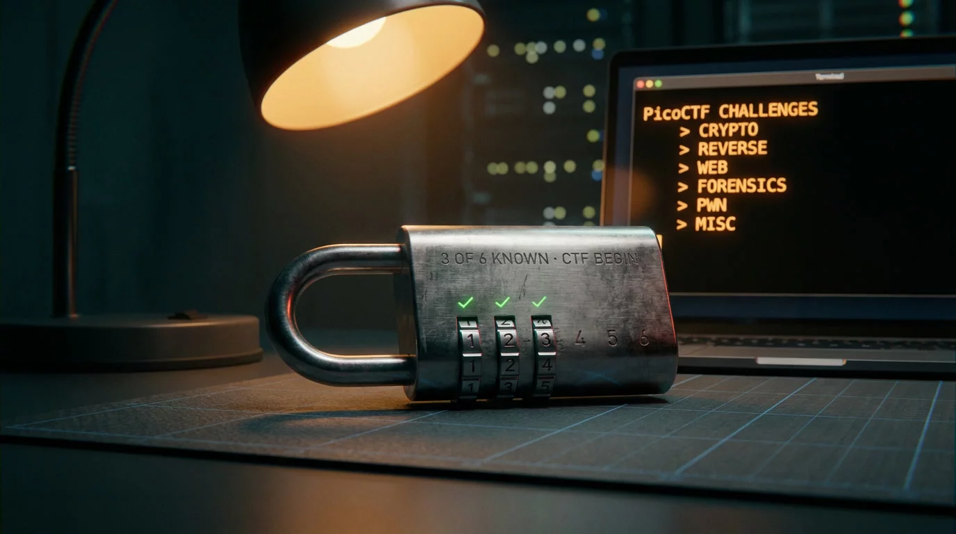 Кодовый замок на тёмном антистатическом коврике, три цифры отмечены зелёными галочками, остальные растворяются в тени. Позади светится экран ноутбука с терминалом и категориями задач.