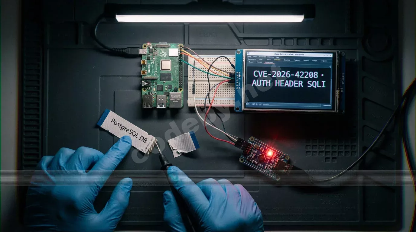 Вид сверху на антистатический коврик с разобранным тестовым стендом на Raspberry Pi, перерезанным шлейфом PostgreSQL и диагностическим экраном с надписью «CVE-2026-42208 · AUTH HEADER SQLI» в искаж...