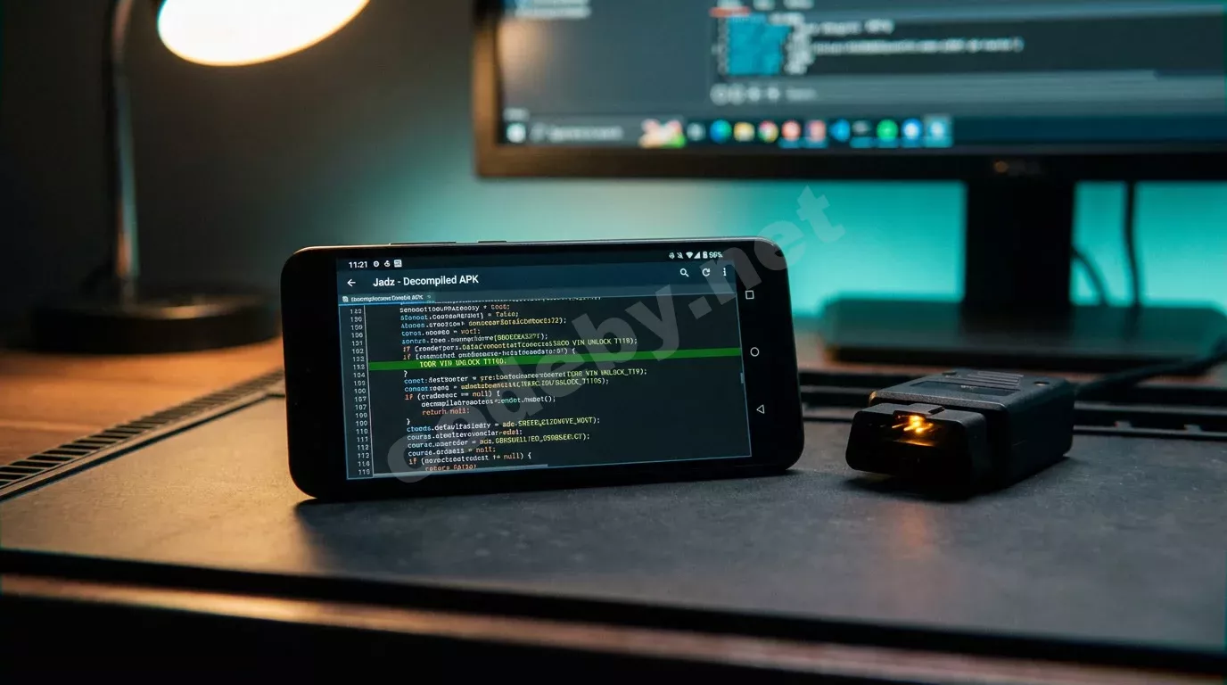Смартфон на тёмном антистатическом коврике с декомпилированным кодом APK на экране. Рядом диагностический донгл OBD-II с янтарным светодиодом в мягком боке.