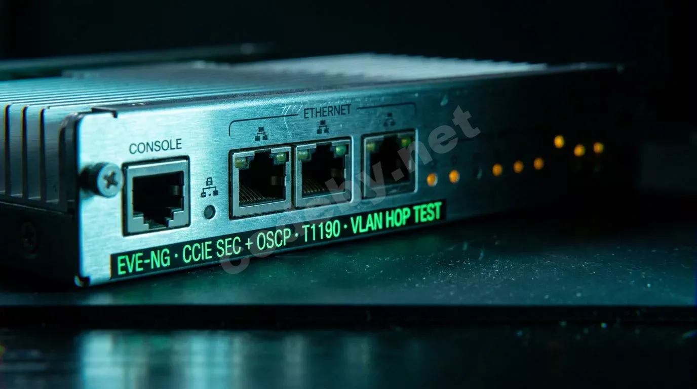 Крупный план сетевого модуля межсетевого экрана Cisco на тёмном антистатическом коврике: резкие грани портов и радиатора подсвечены холодным бирюзовым светом, на корпусе лазерная гравировка с помет...