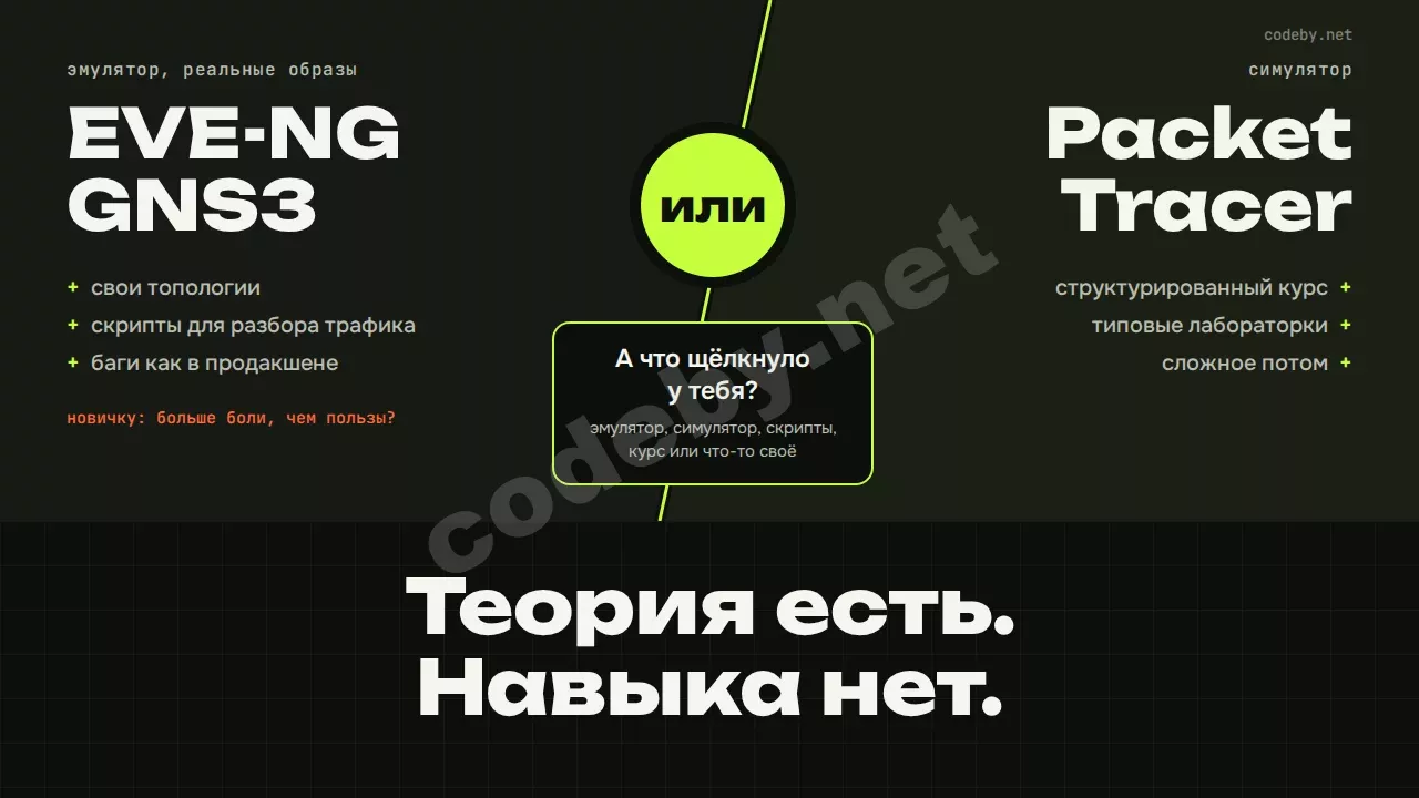 Теория есть. Навыка нет. EVE-NG и GNS3 или Packet Tracer: что щёлкнуло у тебя?