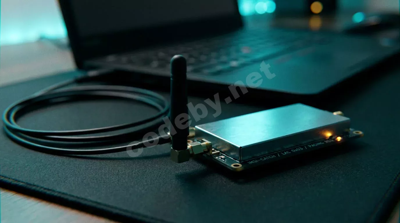 Компактный SDR-трансивер с алюминиевым корпусом и вертикальной антенной лежит на тёмном антистатическом коврике, подсвеченный голубым и янтарным светодиодами. На плате видна маркировка с технически...