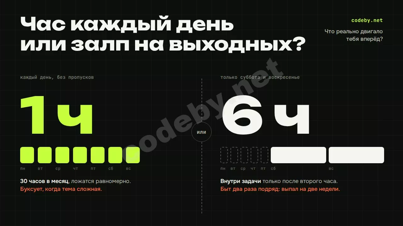 Час каждый день или залп на выходных? Что реально двигает новичка вперёд