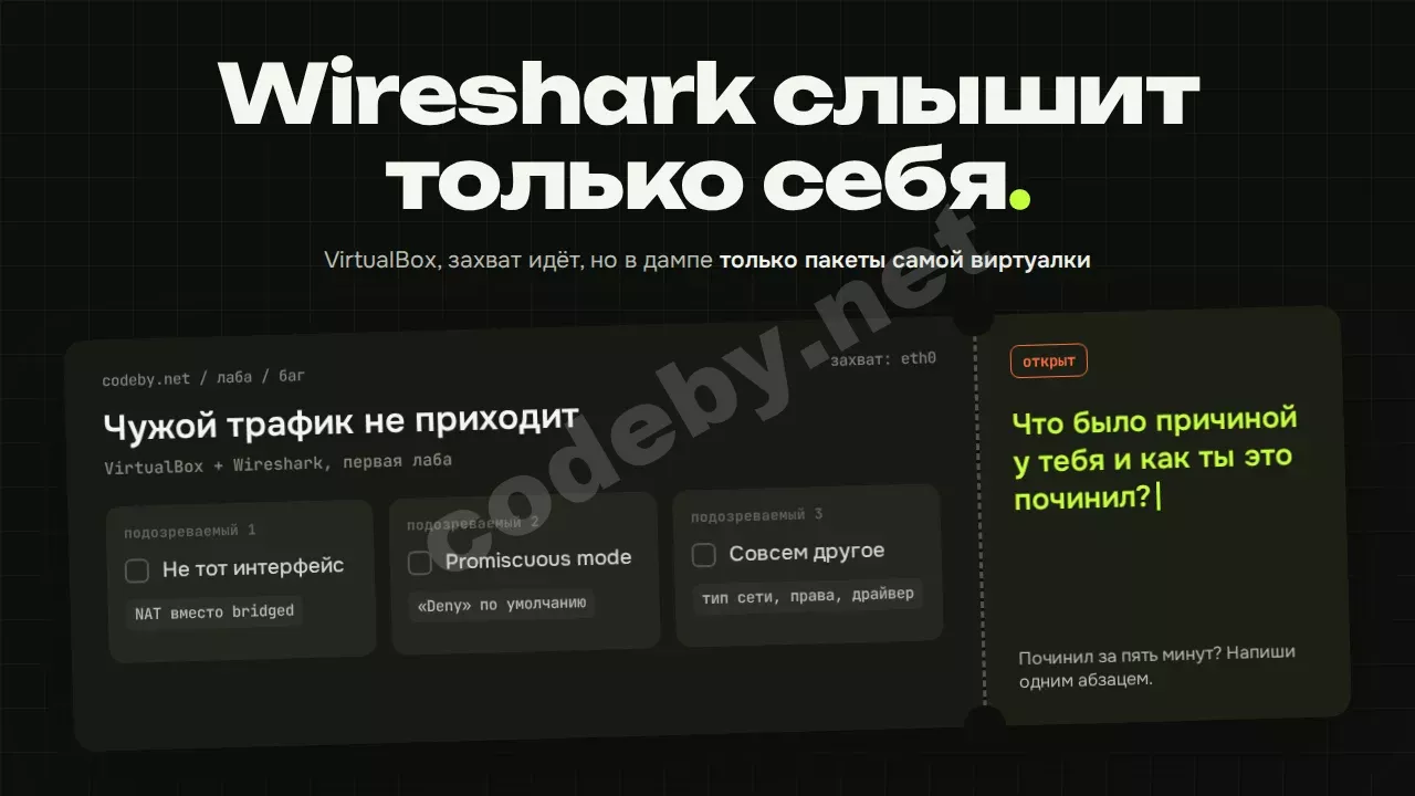 Wireshark слышит только себя: чужой трафик в виртуалке не приходит. Что было причиной у тебя?