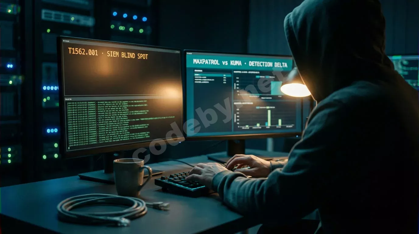 Аналитик SOC за двумя мониторами в тёмной комнате: на экранах редактор правил корреляции и сравнительный дашборд. Янтарный свет лампы освещает руки на клавиатуре.