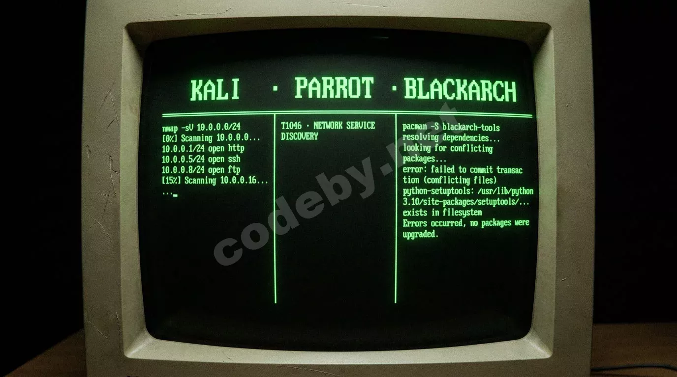 Экран ЭЛТ-монитора с тремя терминальными колонками Kali, Parrot и BlackArch. Зелёный фосфорный текст светится в полной темноте, видны сканлайны и бочкообразное искажение стекла.