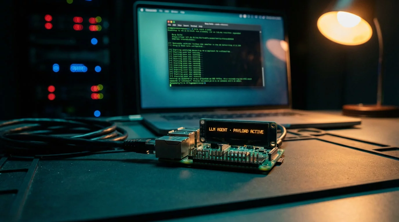 Одноплатный компьютер с открытыми контактами GPIO на матовом антистатическом коврике, экран отображает текст янтарным моноширинным шрифтом. Позади — ноутбук с терминалом Burp Suite в мягком расфоку...