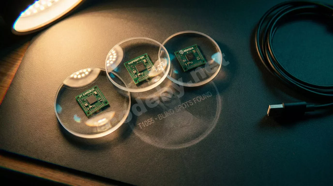 Три увеличительных линзы на тёмном антистатическом коврике, под каждой — плата с гравировкой названий EDR-решений. Тёплый свет лампы, глубокие бирюзовые тени, боке.