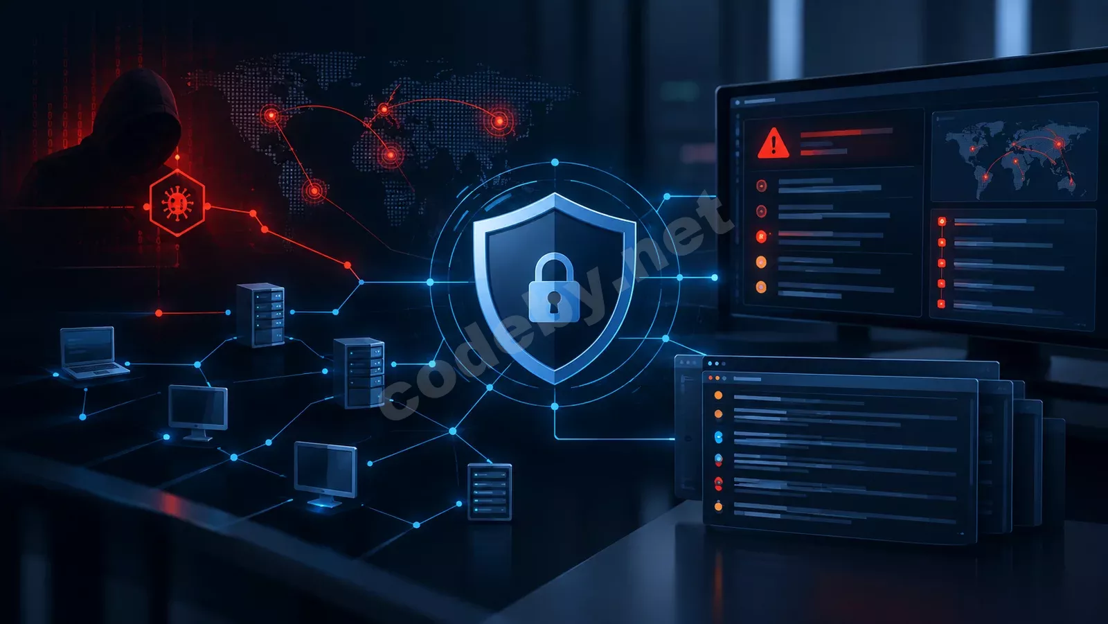 Обложка: рабочее место аналитика - ноутбук и мониторы с SOC-дашбордом и схемой атаки