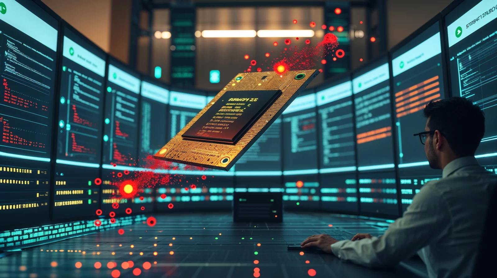 Фотореалистичная визуализация UEFI firmware атаки Shade BIOS в центре кибербезопасности с голографическим отображением эксплуатации Ring -2
