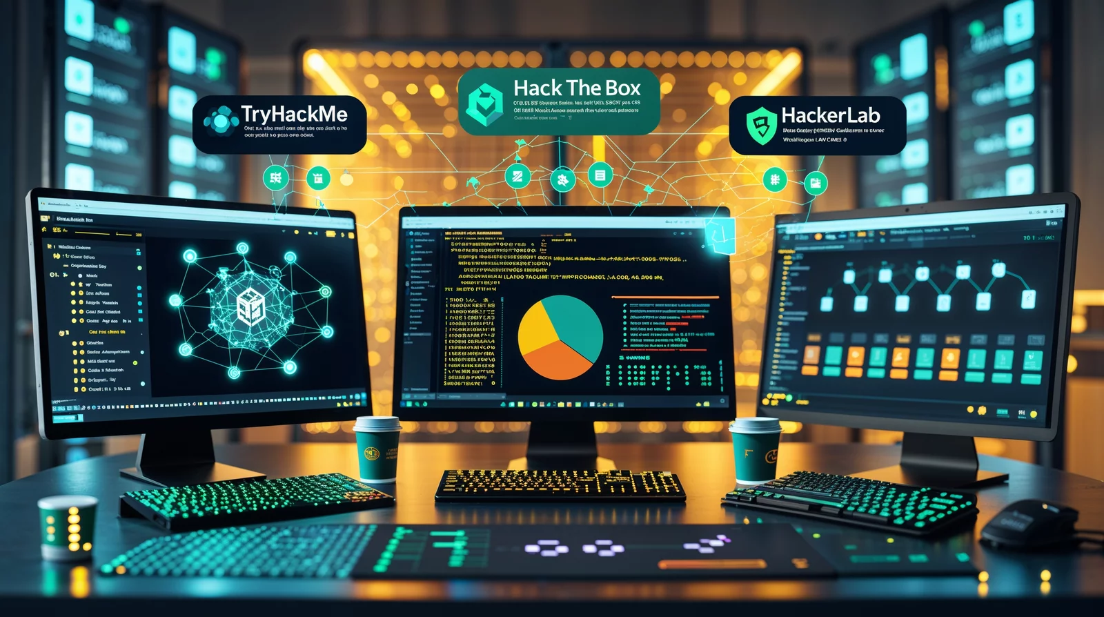 Обложка статьи сравнения образовательных платформ кибербезопасности TryHackMe Hack The Box и HackerLab с интерфейсами для изучения ИТ-безопасности