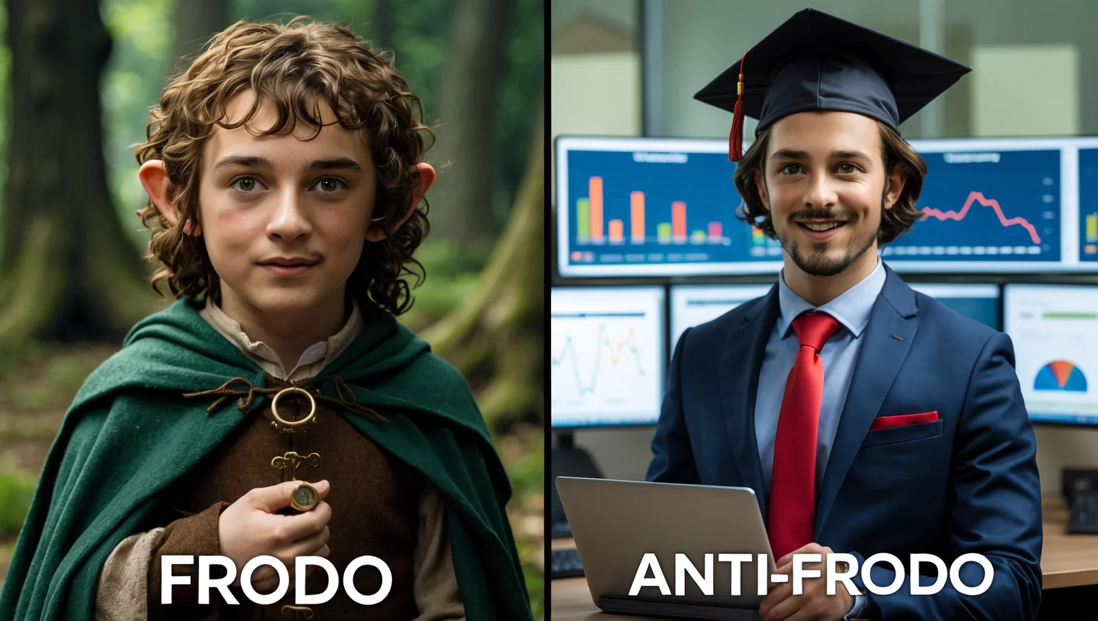 Юмористический коллаж Фродо и Анти-фродо - сравнение персонажа властелина колец с антифрод-аналитиком в деловом костюме