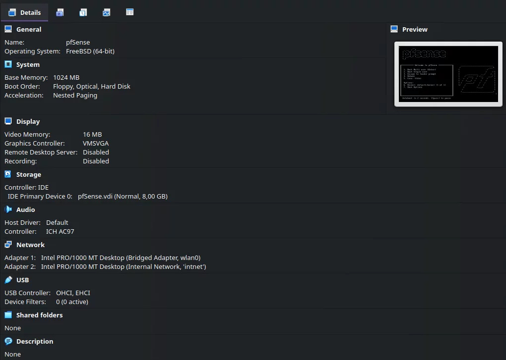 Конфигурация pfSense в VirtualBox
