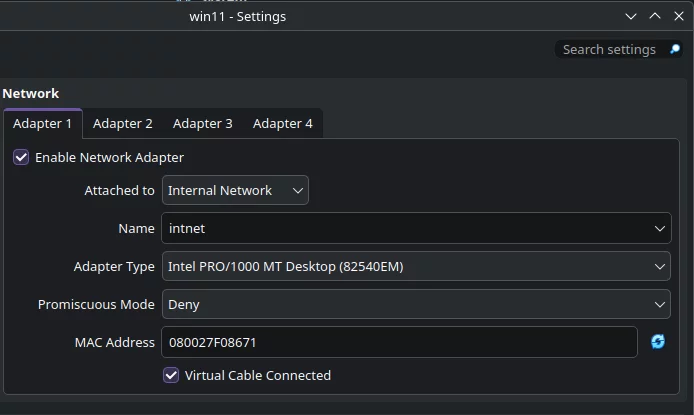 Сетевой адаптер для тестируемой машины
