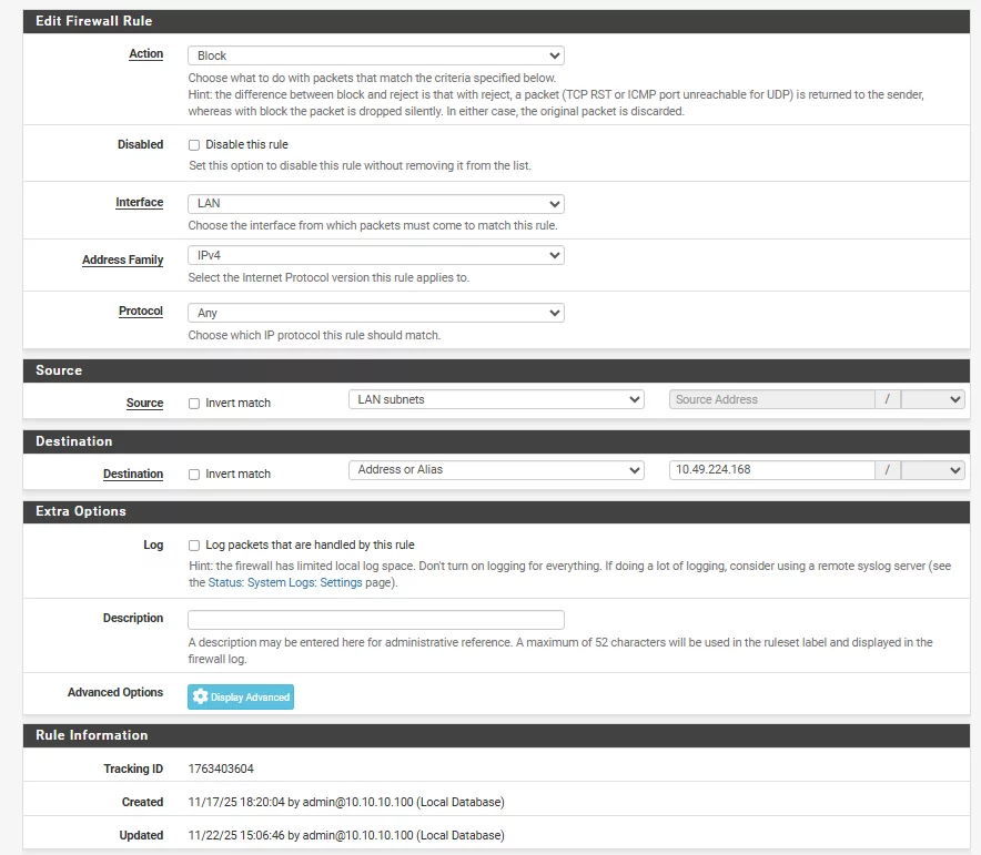 Правило для NAT сети, здесь 10.49.224.168 — айпи адрес хоста