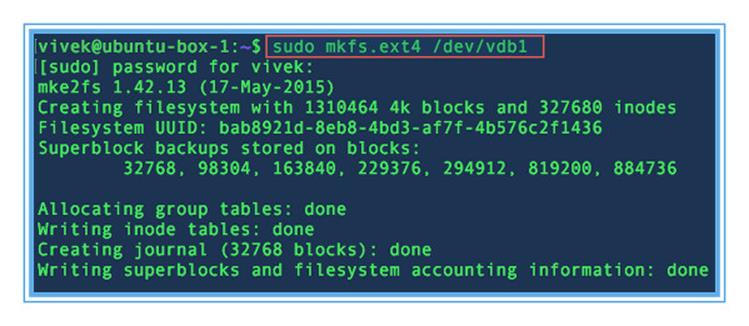 Форматирование /dev/vdb1 как ext4