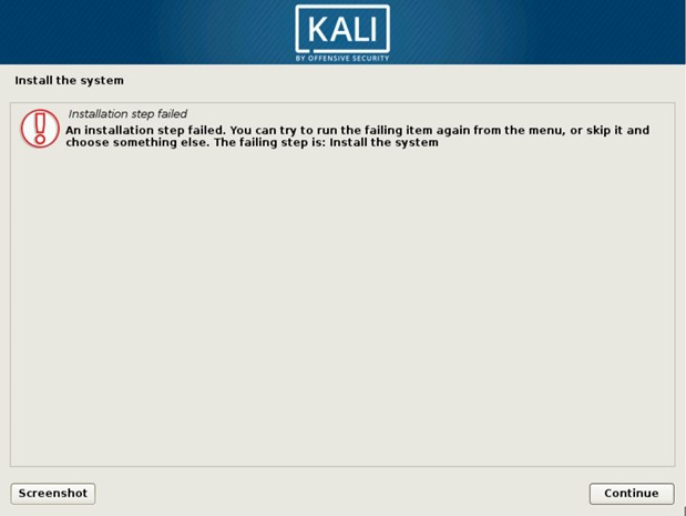 Устранение неполадок во время установки Kali Linux